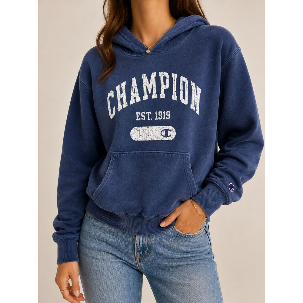 Pac Sun Exclusive Champion Reverse Weave Hoodie S Blue Distressed Logo Pullover